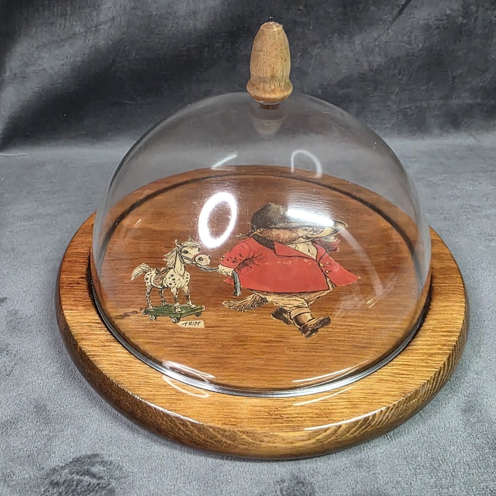 vintage wooden cheese board with a clear dome cloche Equestrian Bear Hunt